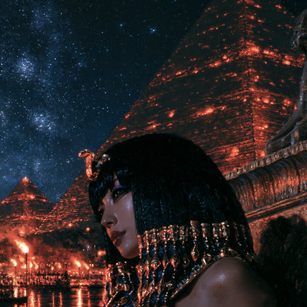 A queen before glowing pyramids at night, from my Cleopatra series.